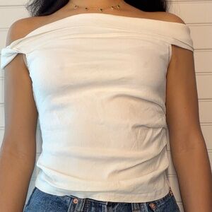 asymmetrical strapless top in beige